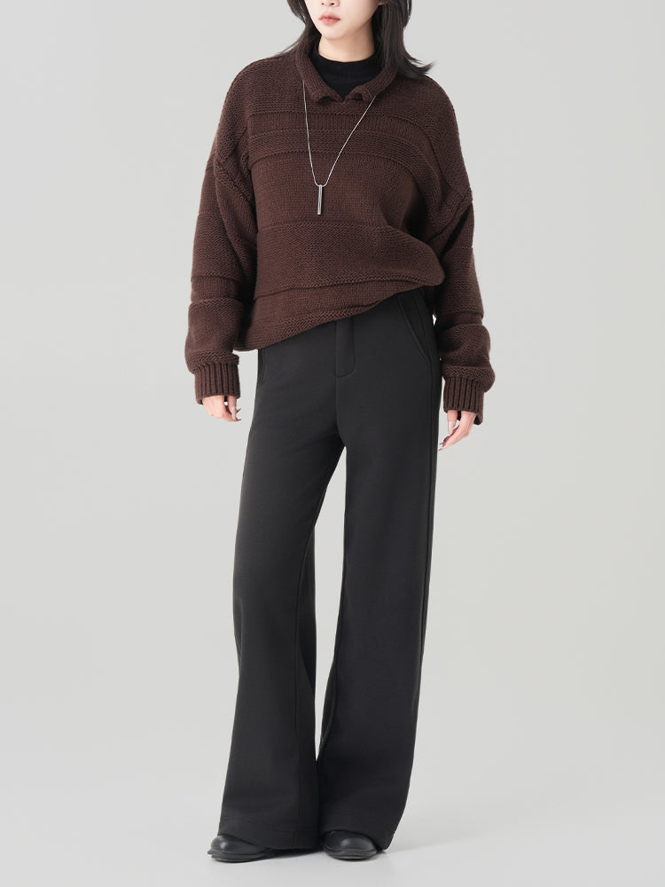 太め糸のリブ編みクルーネックセーター