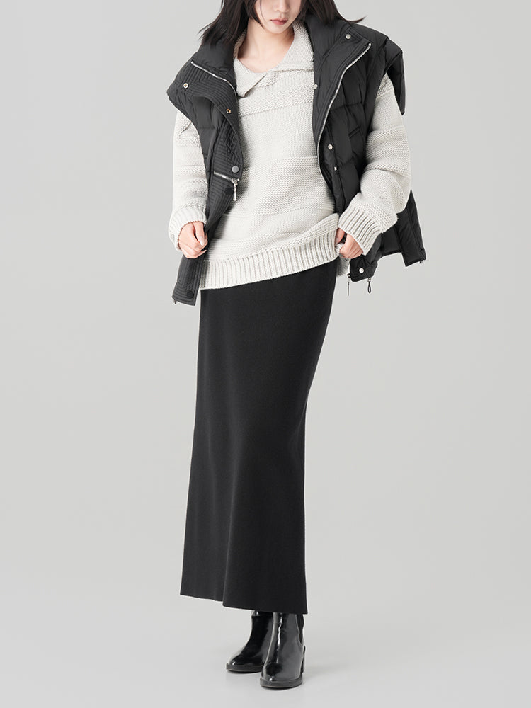 太め糸のリブ編みクルーネックセーター