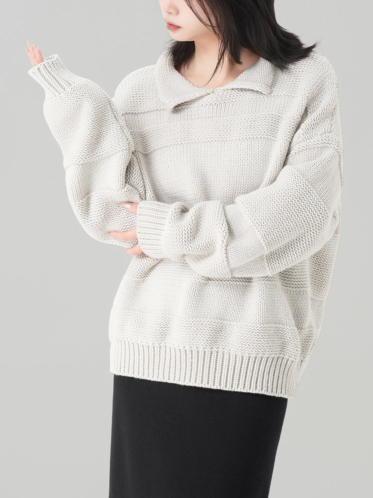 太め糸のリブ編みクルーネックセーター