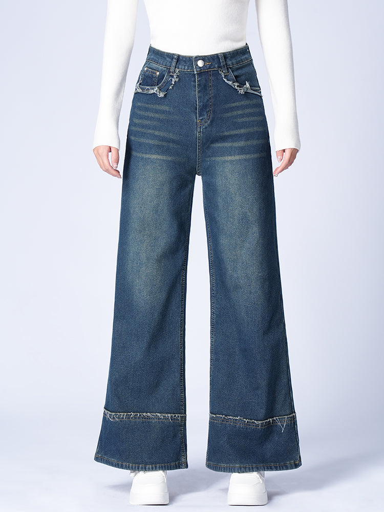 ハイウエスト裏起毛ワイドデニムパンツ