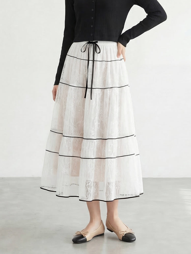 【フレンチレース プリーツ ロングスカート】 レイヤードデザイン ヒップ周りカバー すっきり見え 脚長効果 上品シルエット