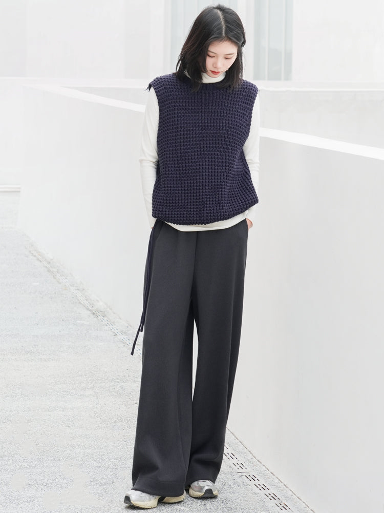 ウール裏フリースハイウエストワイドパンツ