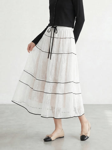 【フレンチレース プリーツ ロングスカート】 レイヤードデザイン ヒップ周りカバー すっきり見え 脚長効果 上品シルエット