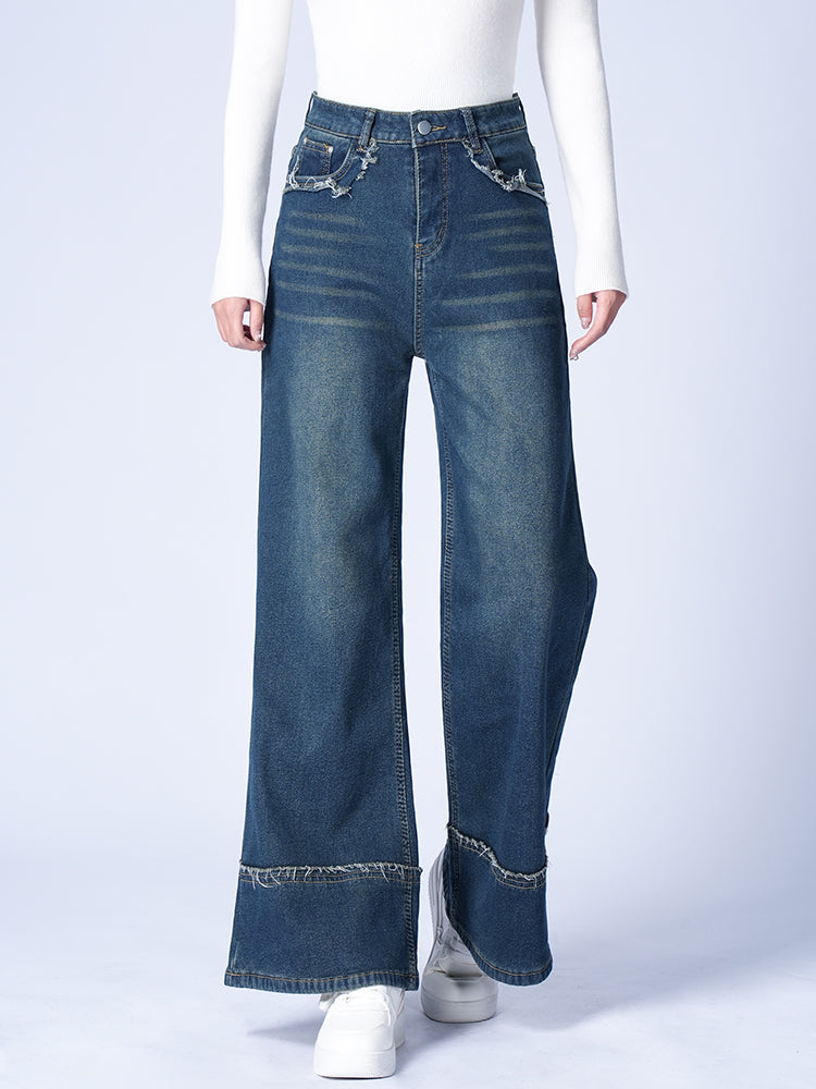 ハイウエスト裏起毛ワイドデニムパンツ