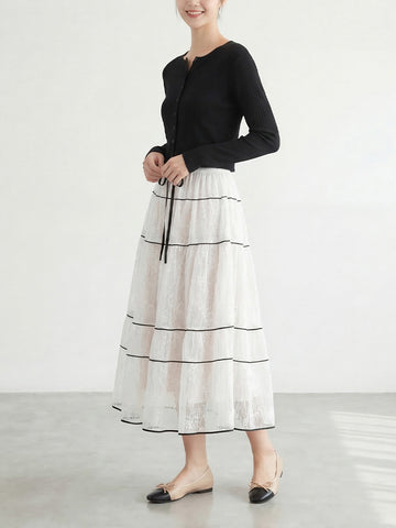 【フレンチレース プリーツ ロングスカート】 レイヤードデザイン ヒップ周りカバー すっきり見え 脚長効果 上品シルエット