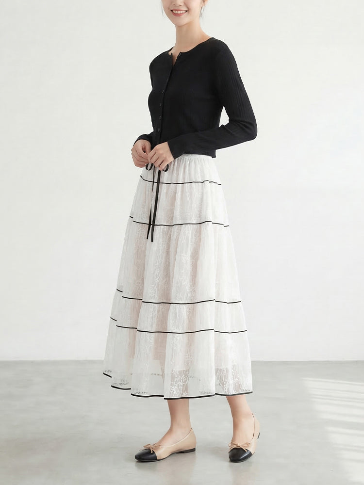 【フレンチレース プリーツ ロングスカート】 レイヤードデザイン ヒップ周りカバー すっきり見え 脚長効果 上品シルエット
