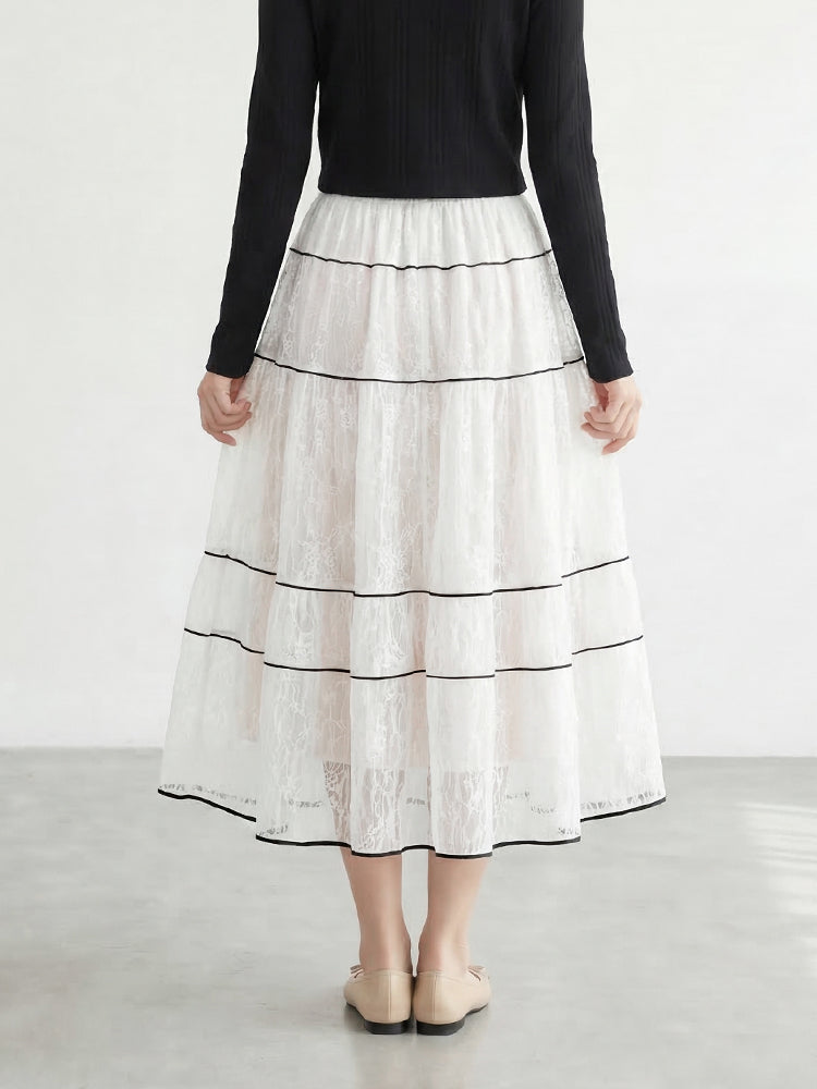 【フレンチレース プリーツ ロングスカート】 レイヤードデザイン ヒップ周りカバー すっきり見え 脚長効果 上品シルエット