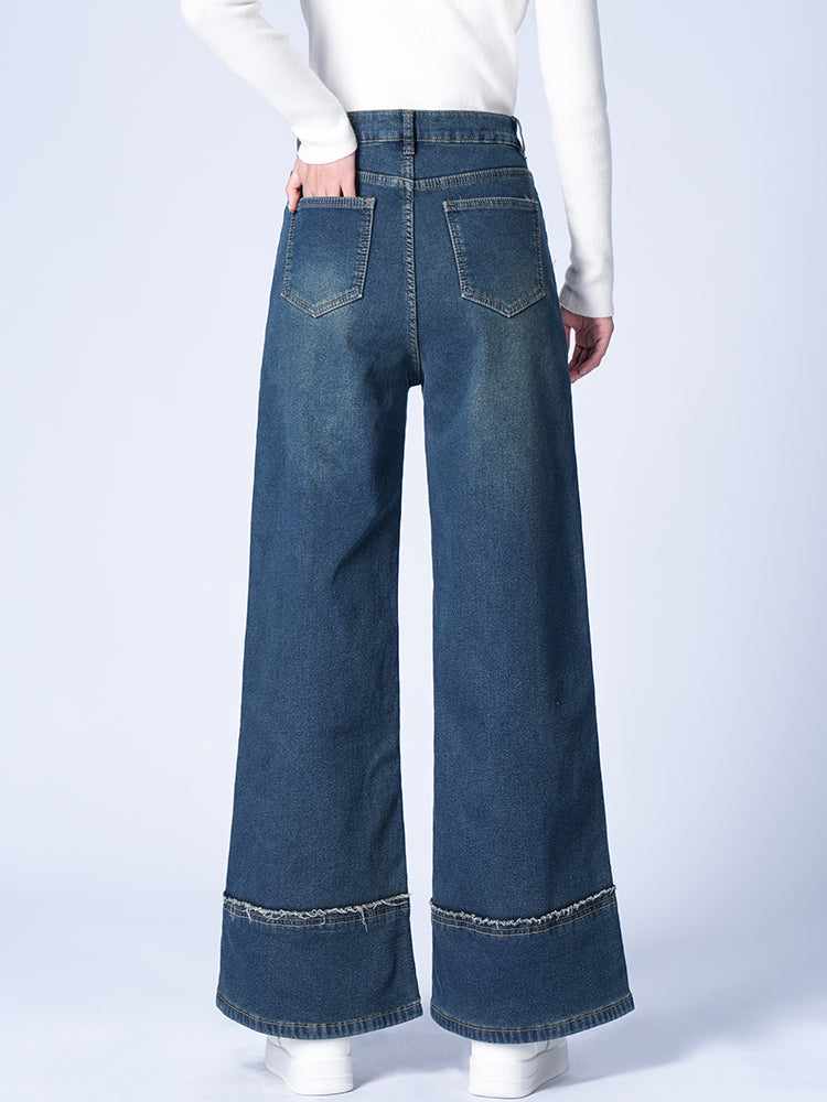 ハイウエスト裏起毛ワイドデニムパンツ