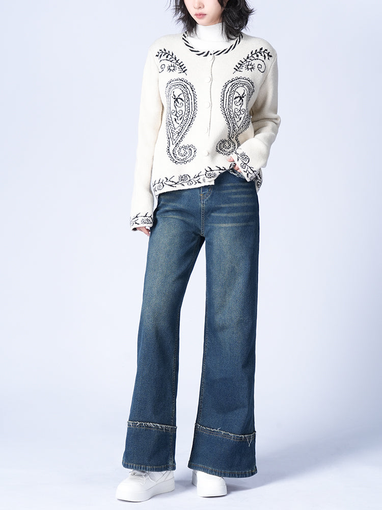 ハイウエスト裏起毛ワイドデニムパンツ