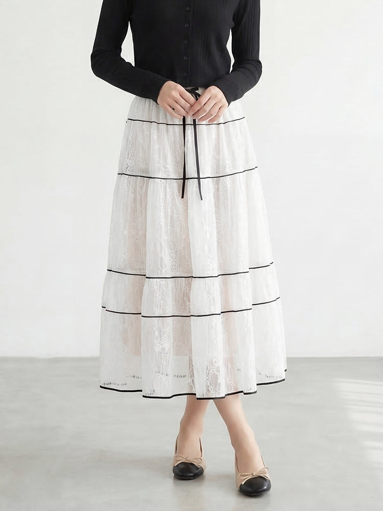 【フレンチレース プリーツ ロングスカート】 レイヤードデザイン ヒップ周りカバー すっきり見え 脚長効果 上品シルエット