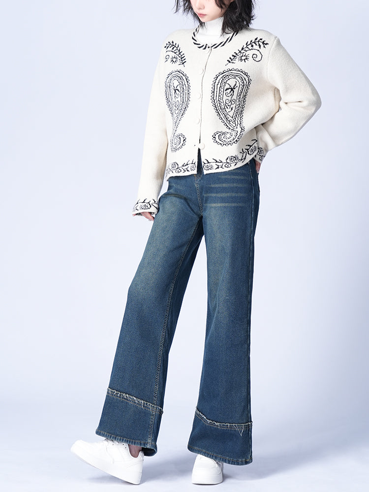 ハイウエスト裏起毛ワイドデニムパンツ