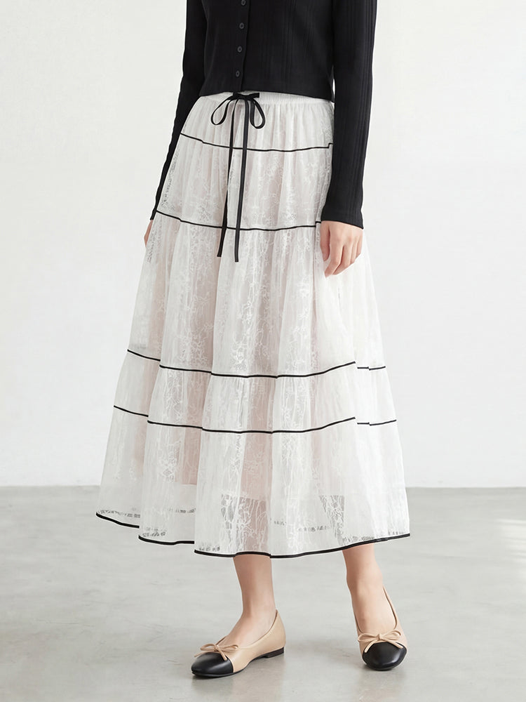 【フレンチレース プリーツ ロングスカート】 レイヤードデザイン ヒップ周りカバー すっきり見え 脚長効果 上品シルエット