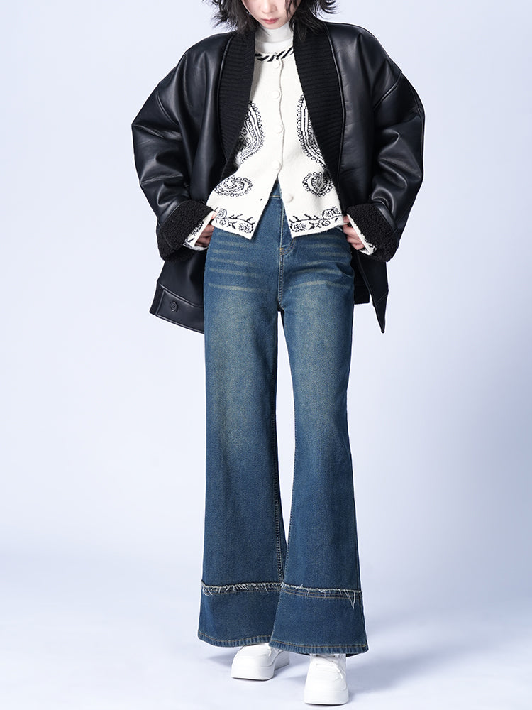 ハイウエスト裏起毛ワイドデニムパンツ