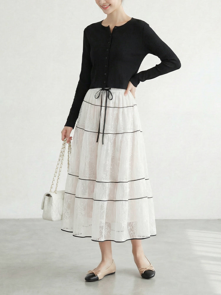 【フレンチレース プリーツ ロングスカート】 レイヤードデザイン ヒップ周りカバー すっきり見え 脚長効果 上品シルエット