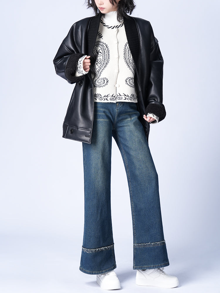 ハイウエスト裏起毛ワイドデニムパンツ