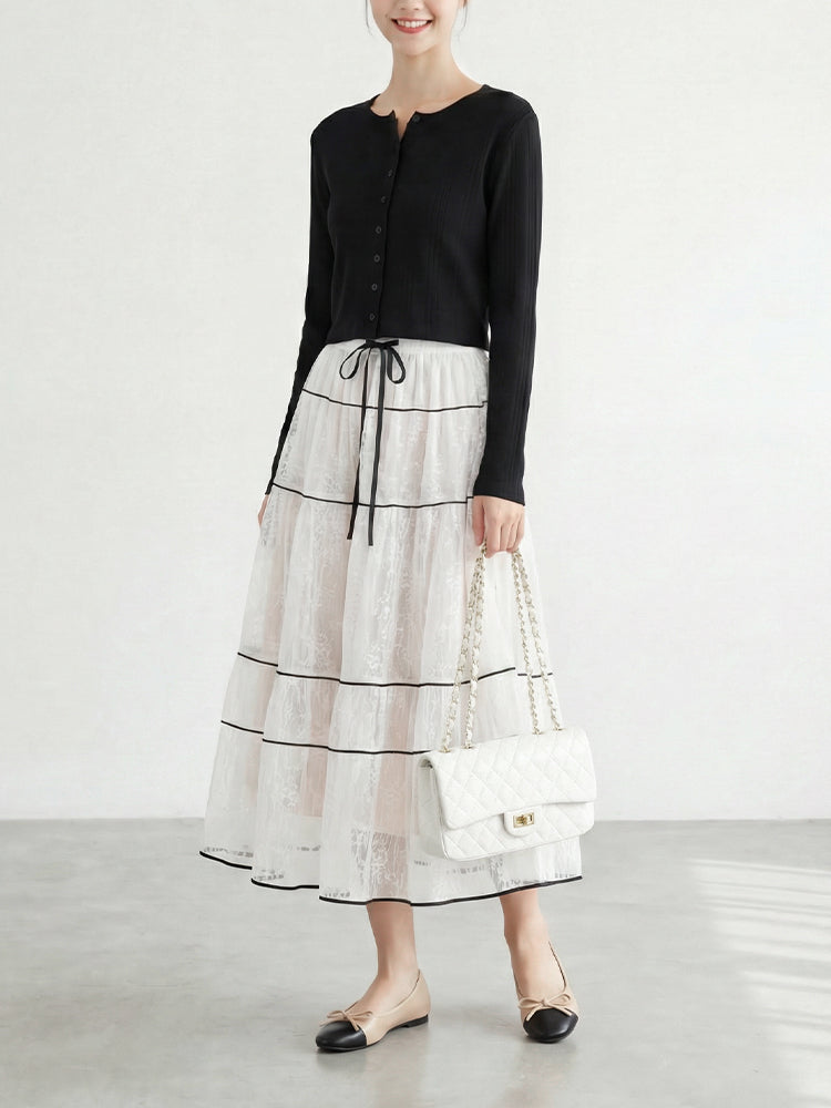 【フレンチレース プリーツ ロングスカート】 レイヤードデザイン ヒップ周りカバー すっきり見え 脚長効果 上品シルエット