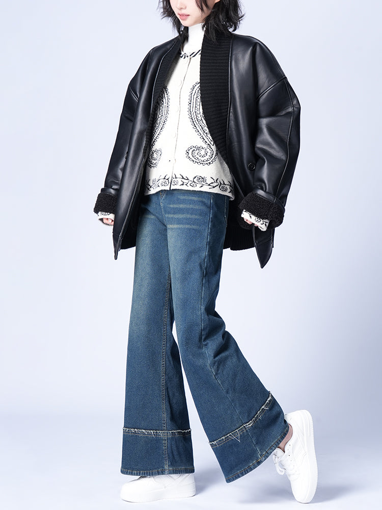 ハイウエスト裏起毛ワイドデニムパンツ