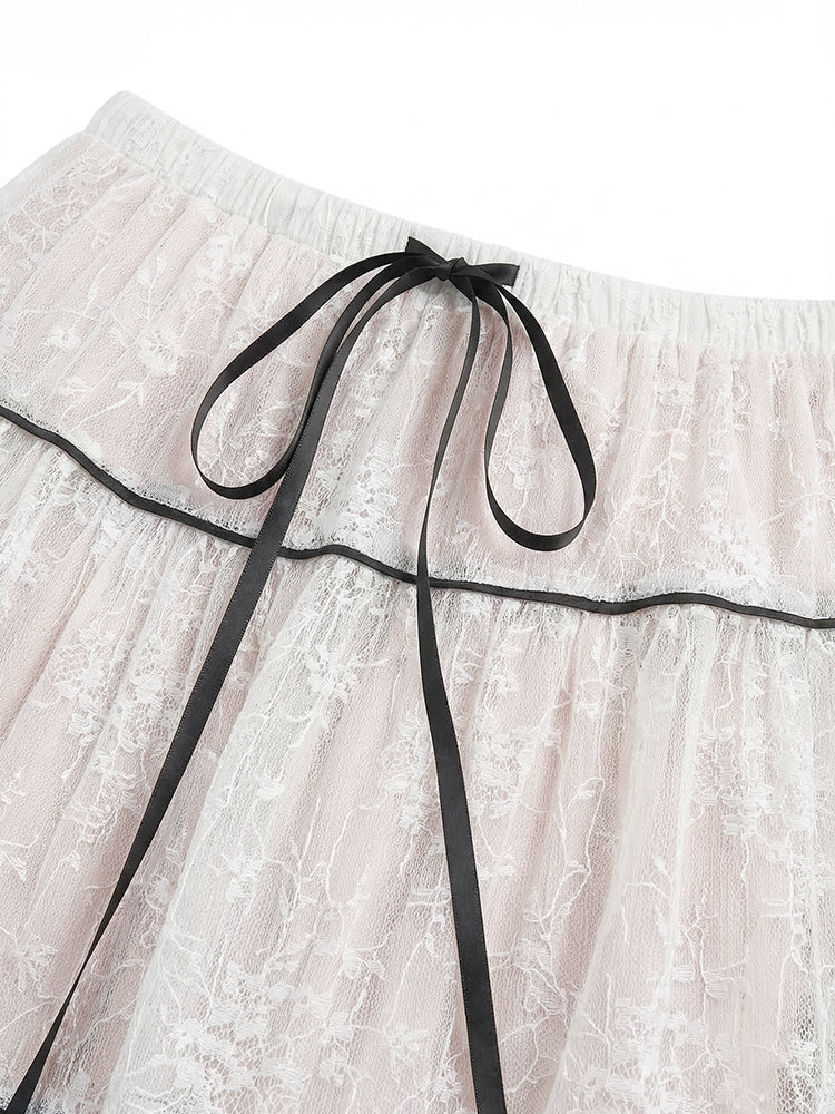 【フレンチレース プリーツ ロングスカート】 レイヤードデザイン ヒップ周りカバー すっきり見え 脚長効果 上品シルエット