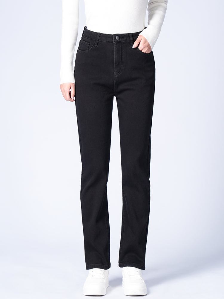 ブラック裏起毛ハイウエストデニムパンツ