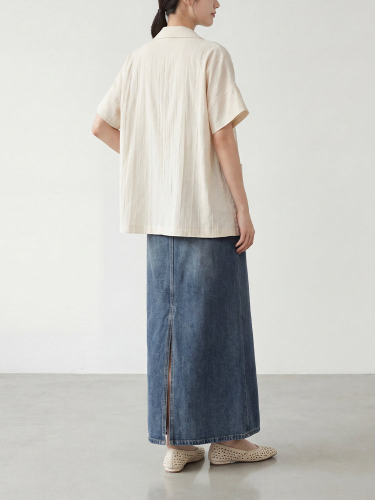 【ヴィンテージ デニム ロングスカート】 フロントスリット 脚長効果 すっきり見え 抜け感