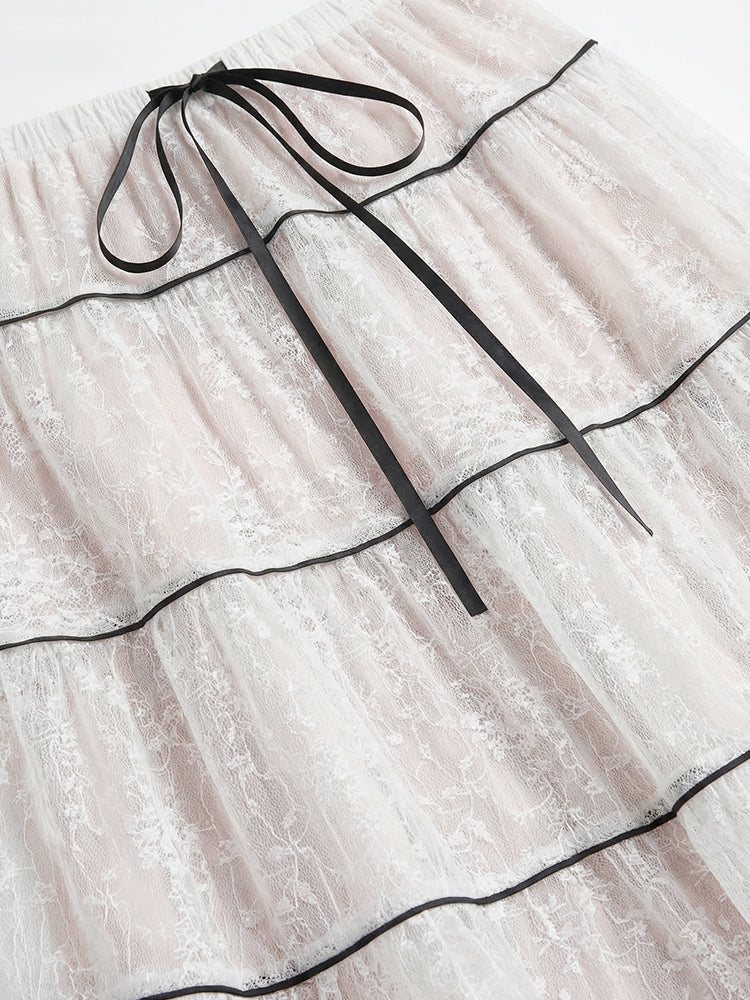 【フレンチレース プリーツ ロングスカート】 レイヤードデザイン ヒップ周りカバー すっきり見え 脚長効果 上品シルエット