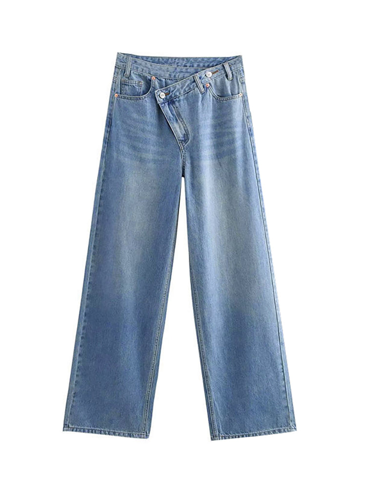 【 タイム限定 さらに20%OFF！！！】斜めボタンワイドデニム｜個性的な斜めデザインでウエストすっきり オールシーズン対応【大きめサイズですので、ワンサイズ下をおすすめします】