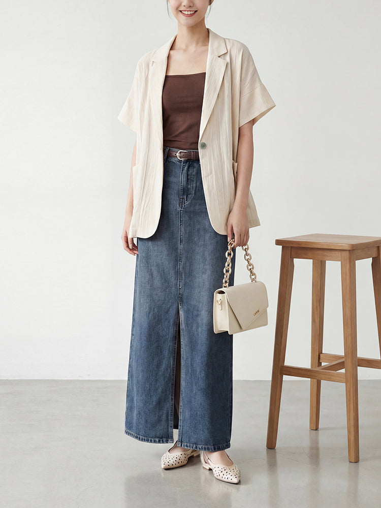 【ヴィンテージ デニム ロングスカート】 フロントスリット 脚長効果 すっきり見え 抜け感