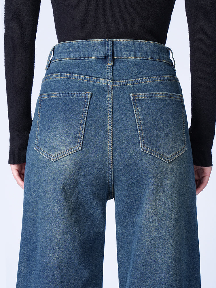 ハイウエスト裏起毛ワイドデニムパンツ