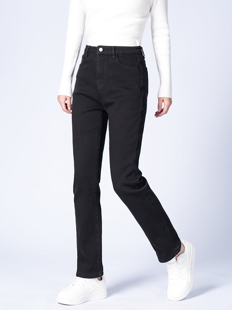 ブラック裏起毛ハイウエストデニムパンツ