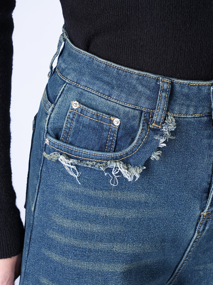 ハイウエスト裏起毛ワイドデニムパンツ