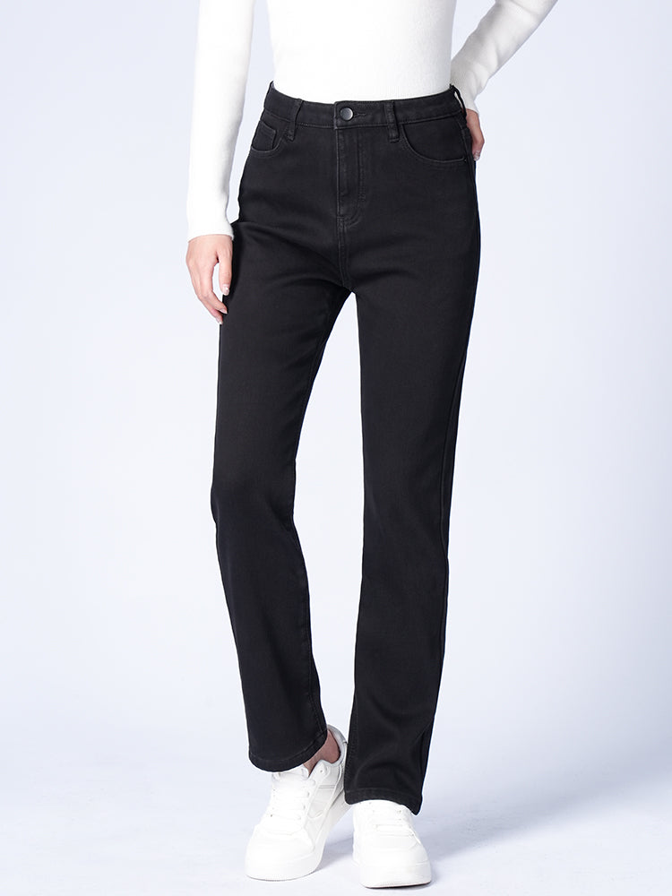 ブラック裏起毛ハイウエストデニムパンツ