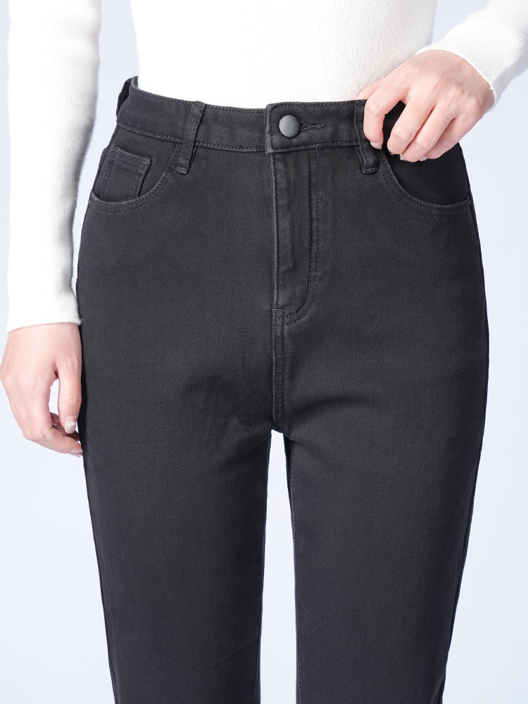 ブラック裏起毛ハイウエストデニムパンツ