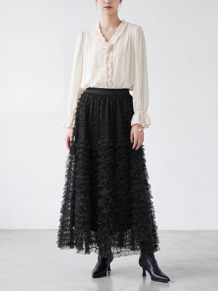 【ボリュームティアードスカート】 軽量で着心地抜群 洗濯機 OK 型崩れしにくい コーデしやすい万能スカート