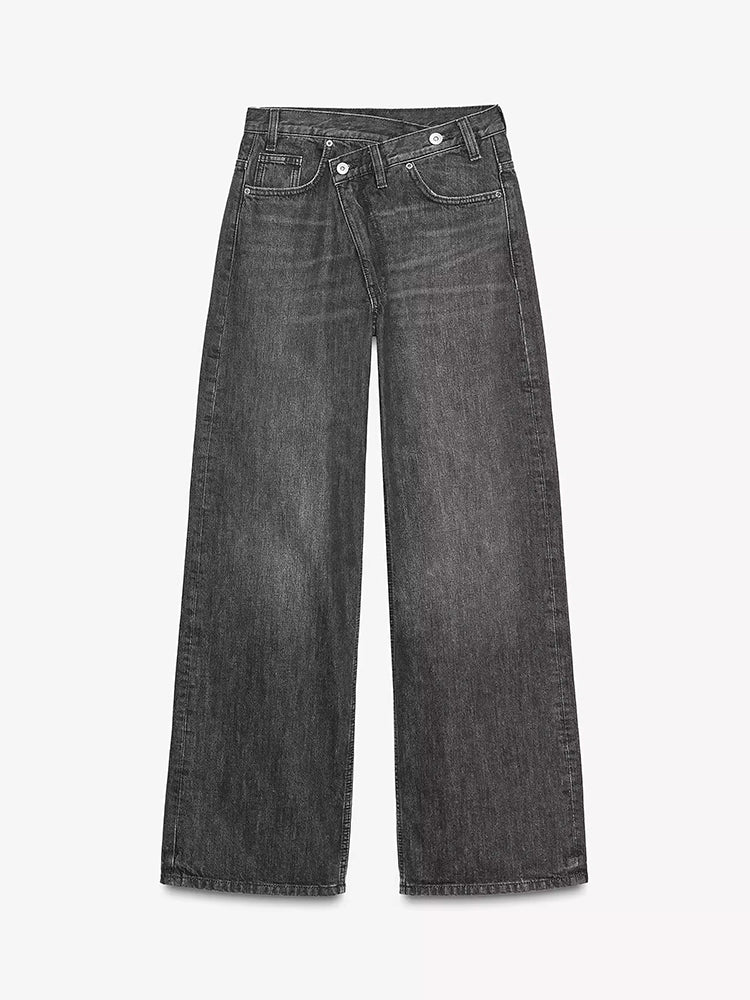 【 タイム限定 さらに20%OFF！！！】斜めボタンワイドデニム｜個性的な斜めデザインでウエストすっきり オールシーズン対応【大きめサイズですので、ワンサイズ下をおすすめします】