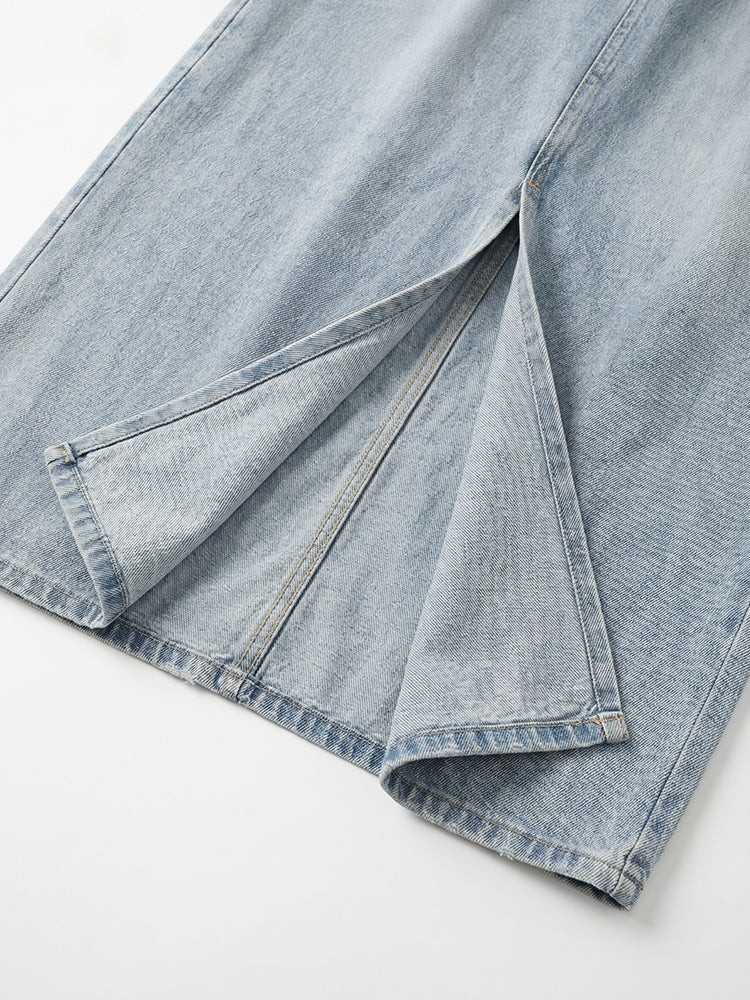 【ヴィンテージ デニム ロングスカート】 フロントスリット 脚長効果 すっきり見え 抜け感