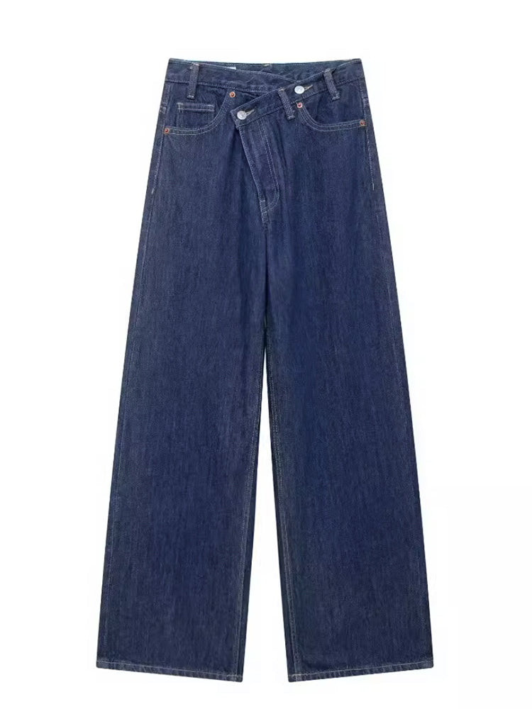 【 タイム限定 さらに20%OFF！！！】斜めボタンワイドデニム｜個性的な斜めデザインでウエストすっきり オールシーズン対応【大きめサイズですので、ワンサイズ下をおすすめします】