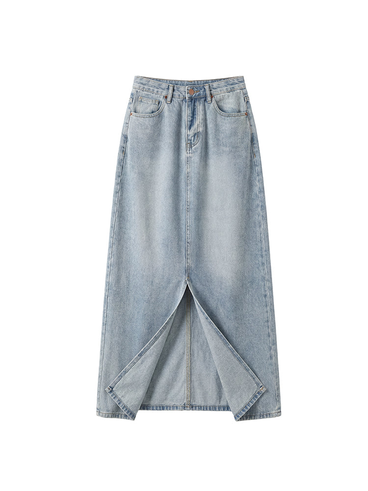 【ヴィンテージ デニム ロングスカート】 フロントスリット 脚長効果 すっきり見え 抜け感