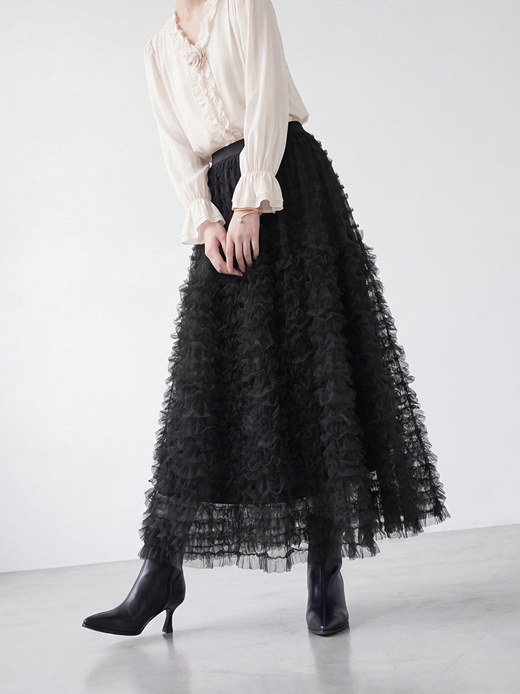 【ボリュームティアードスカート】 軽量で着心地抜群 洗濯機 OK 型崩れしにくい コーデしやすい万能スカート