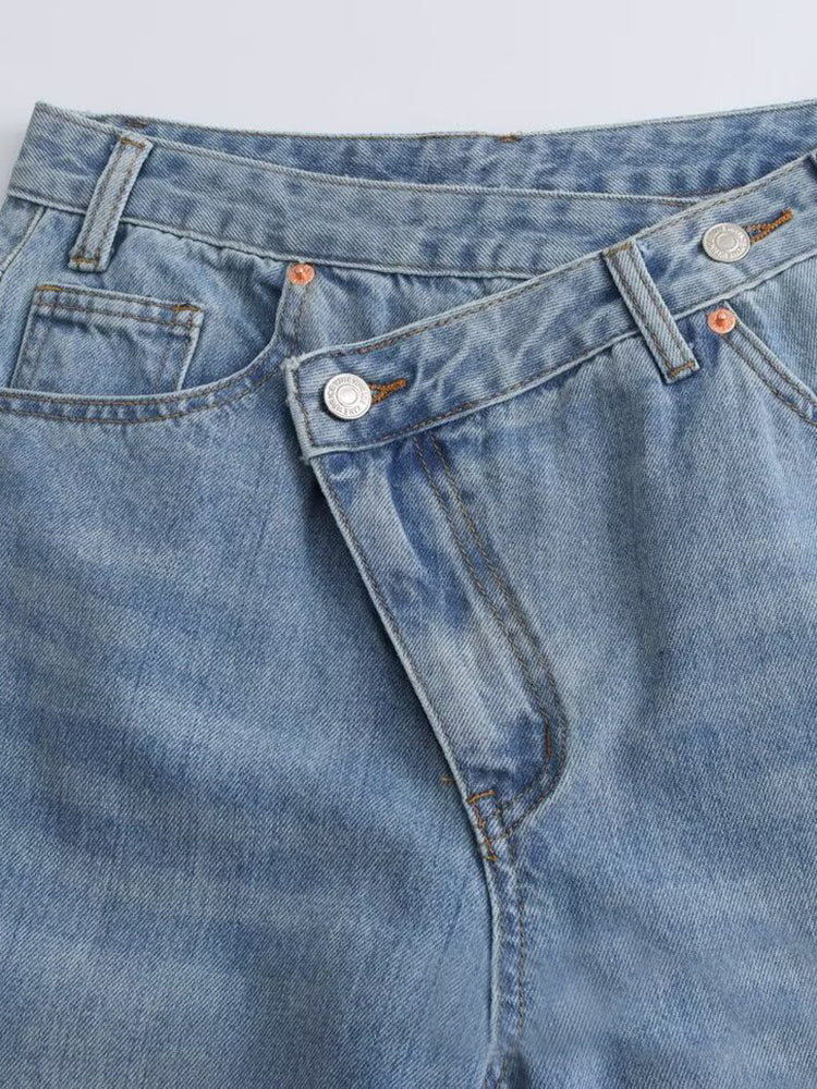 【 タイム限定 さらに20%OFF！！！】斜めボタンワイドデニム｜個性的な斜めデザインでウエストすっきり オールシーズン対応【大きめサイズですので、ワンサイズ下をおすすめします】