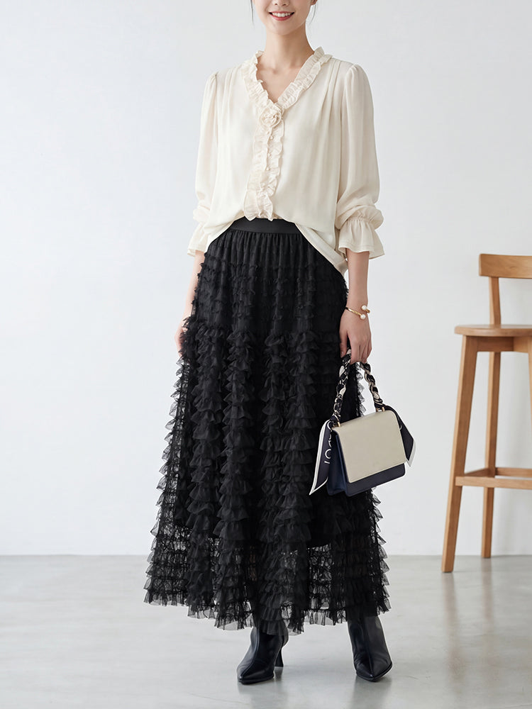 【ボリュームティアードスカート】 軽量で着心地抜群 洗濯機 OK 型崩れしにくい コーデしやすい万能スカート