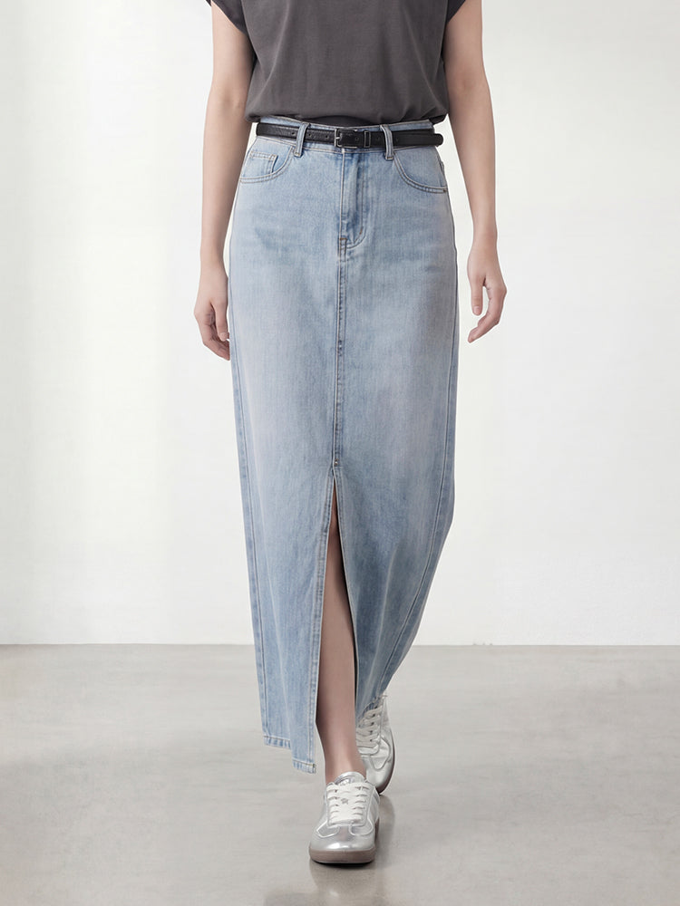 【ヴィンテージ デニム ロングスカート】 フロントスリット 脚長効果 すっきり見え 抜け感