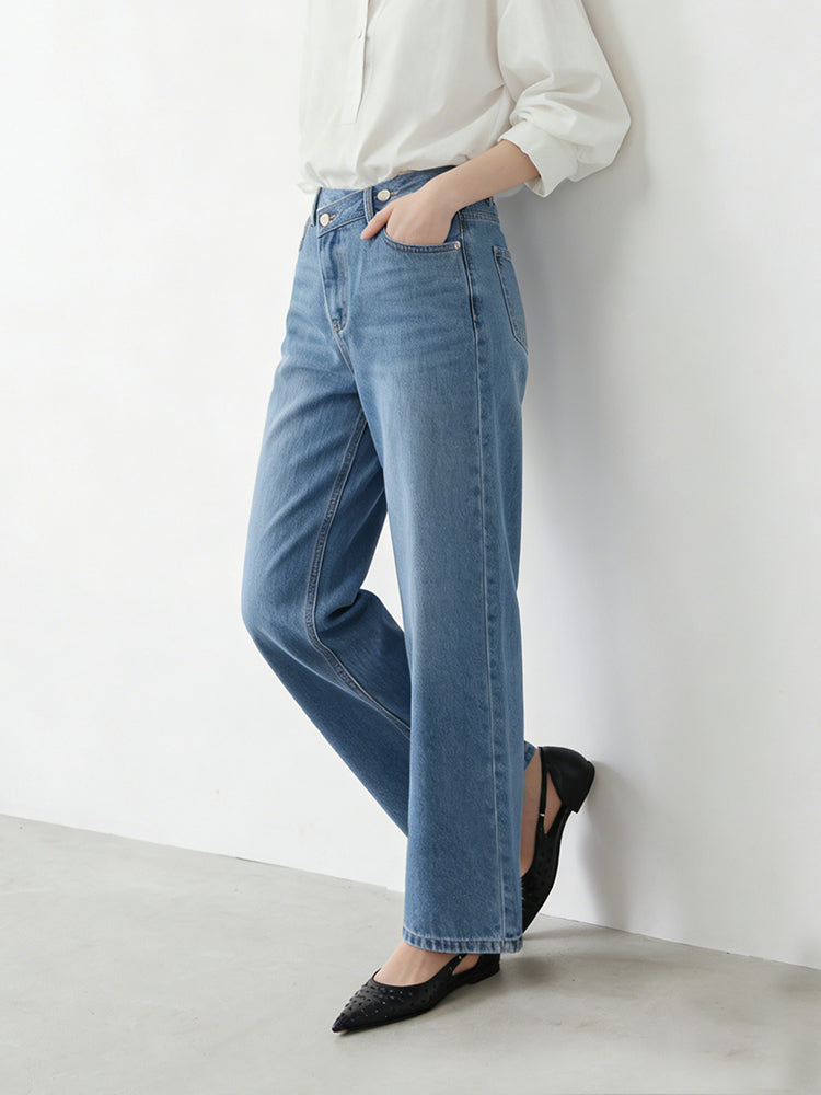 【 タイム限定 さらに20%OFF！！！】斜めボタンワイドデニム｜個性的な斜めデザインでウエストすっきり オールシーズン対応【大きめサイズですので、ワンサイズ下をおすすめします】