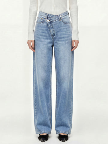 【 タイム限定 さらに20%OFF！！！】斜めボタンワイドデニム｜個性的な斜めデザインでウエストすっきり オールシーズン対応【大きめサイズですので、ワンサイズ下をおすすめします】