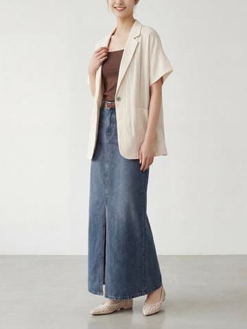 【ヴィンテージ デニム ロングスカート】 フロントスリット 脚長効果 すっきり見え 抜け感