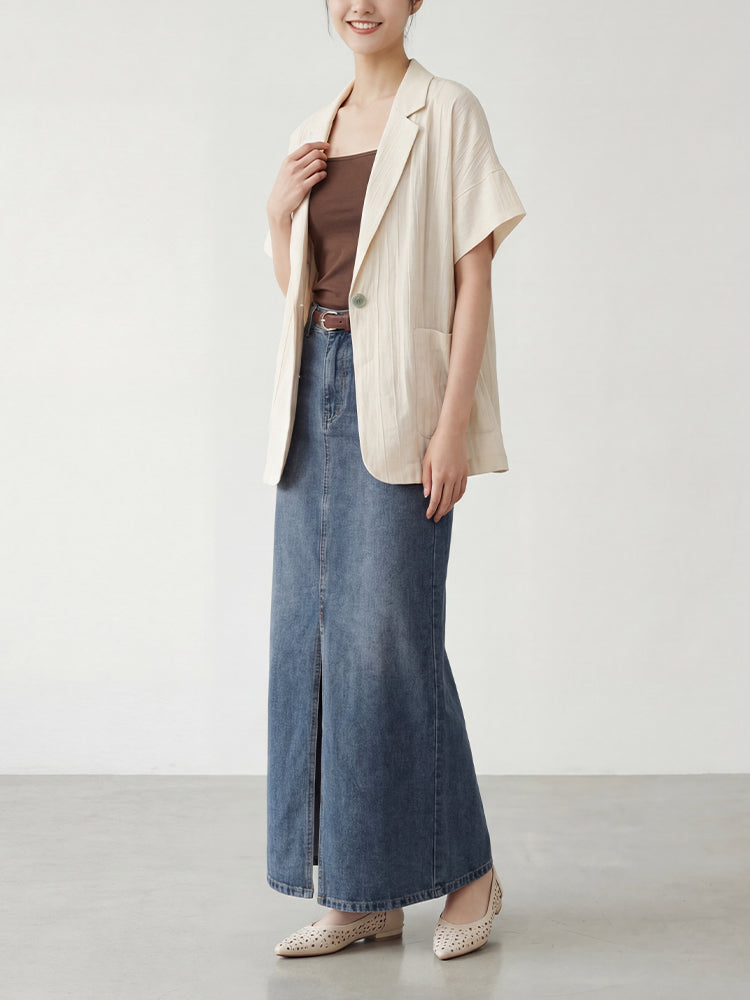 【ヴィンテージ デニム ロングスカート】 フロントスリット 脚長効果 すっきり見え 抜け感