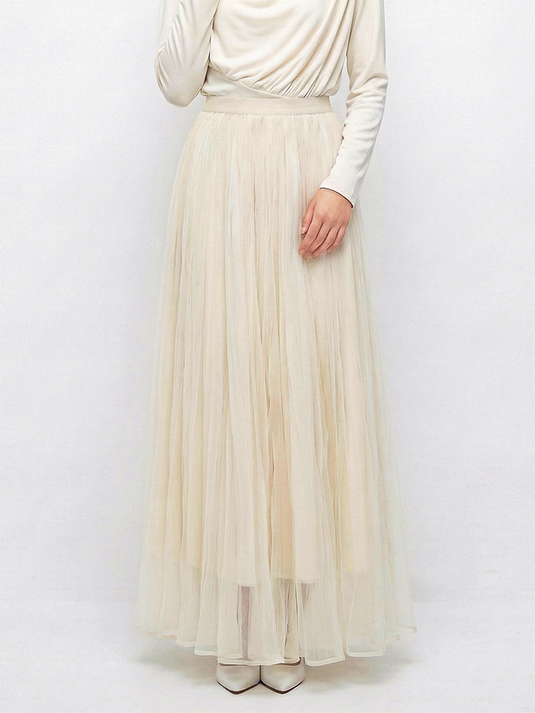 【レトロハイウエストプリーツチュールスカート】立体プリーツですっきり見え、ウエストゴムで着心地快適