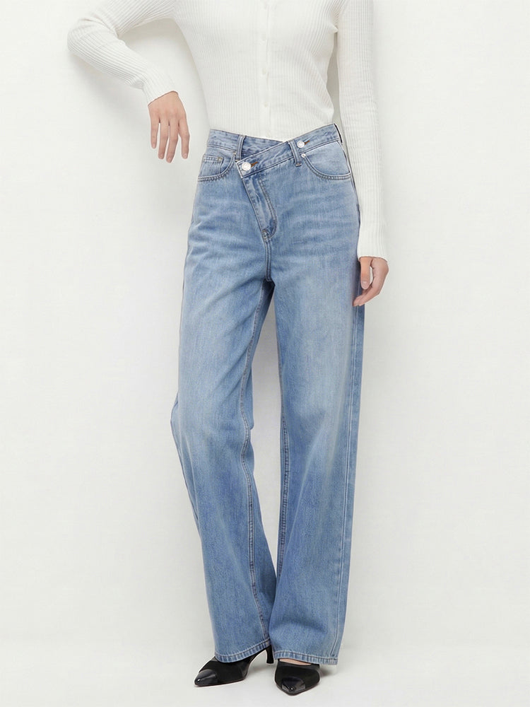 【 タイム限定 さらに20%OFF！！！】斜めボタンワイドデニム｜個性的な斜めデザインでウエストすっきり オールシーズン対応【大きめサイズですので、ワンサイズ下をおすすめします】