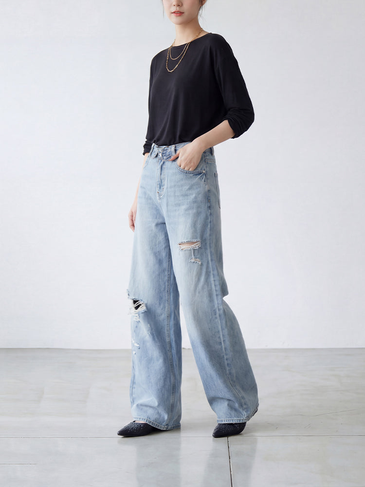 【ヴィンテージウォッシュ デニムワイドパンツ】 ウォッシュ加工＆ダメージ ゆったりシルエット すっきり見え