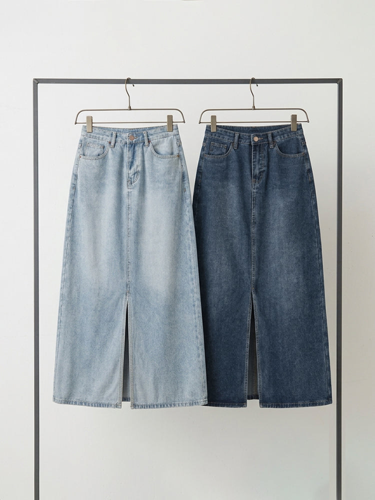 【ヴィンテージ デニム ロングスカート】 フロントスリット 脚長効果 すっきり見え 抜け感