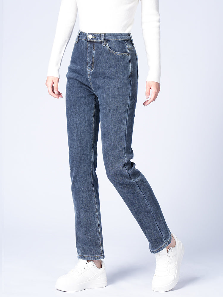 ブラック裏起毛ハイウエストデニムパンツ